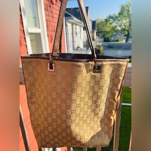 Gucci Yellow Brown Side Stripe Tan Tote Bag